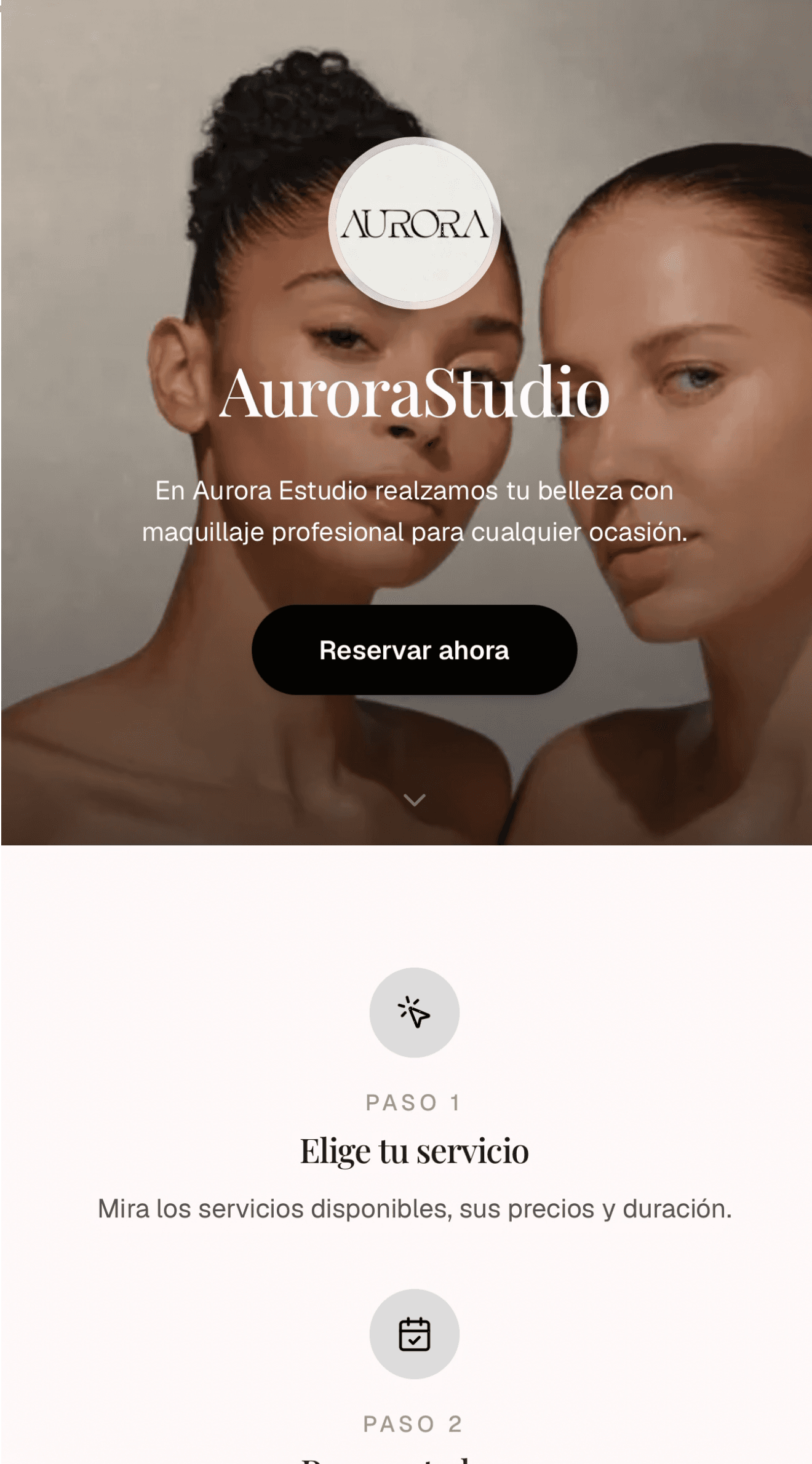 Landing pública de un estudio creada con GlamReserve, con su propia marca y botón de reserva